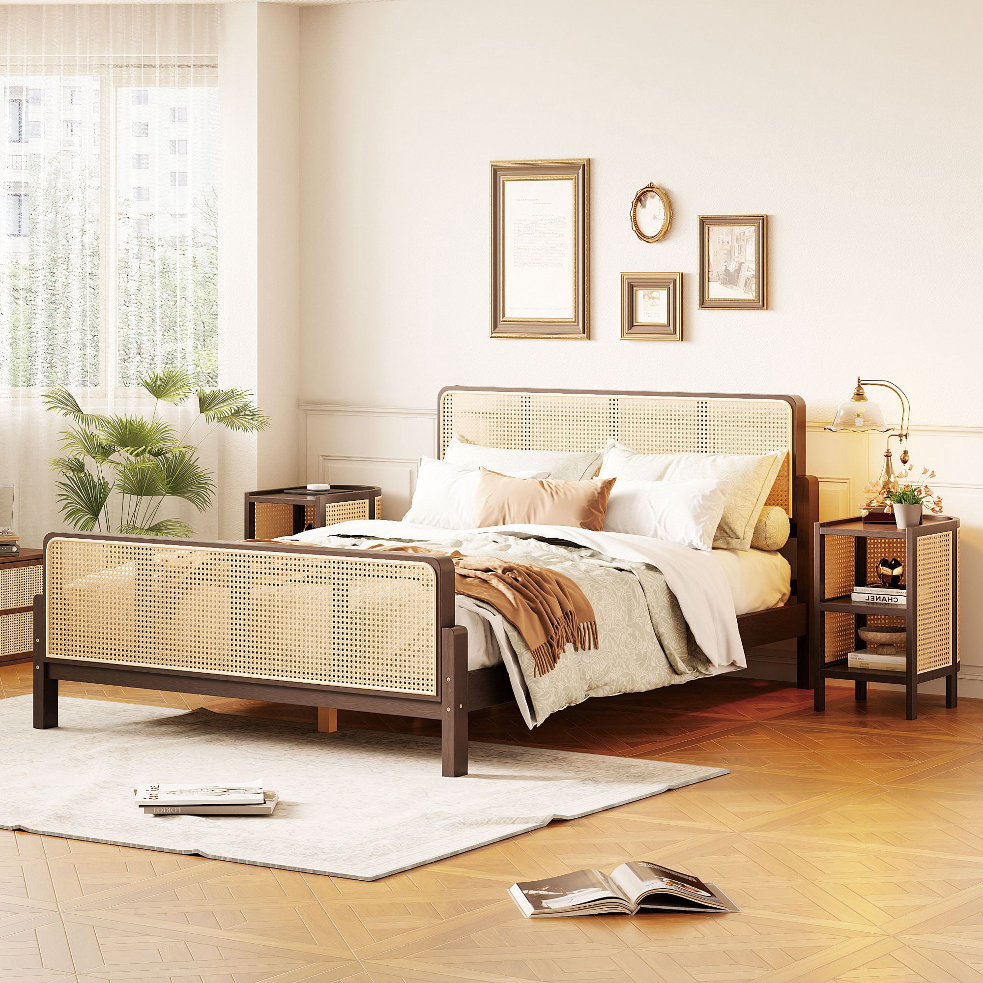 Full Size 3 Pieces Wood and Rattan Bed Frame with 2 Nightstands ...