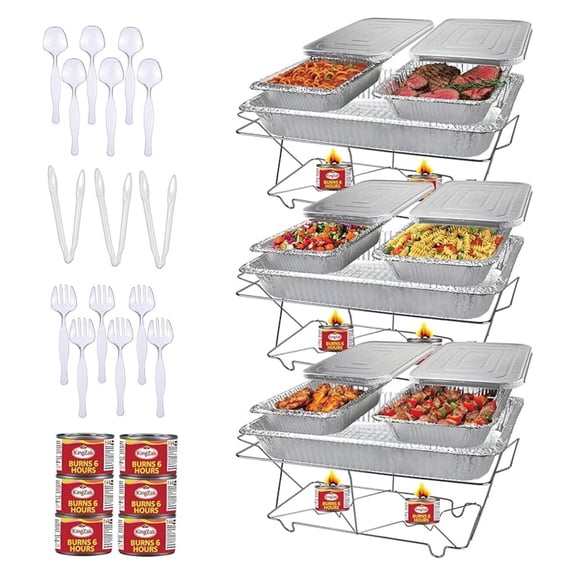 Full Size 39-Pcs Disposable Chafing Buffet Set with 6hr Fuel Cans, Covers, Serving Utensils - Premium Chafing Dish Set for Catering, Events, and Parties - Complete Food Warmer Party Serving Kit