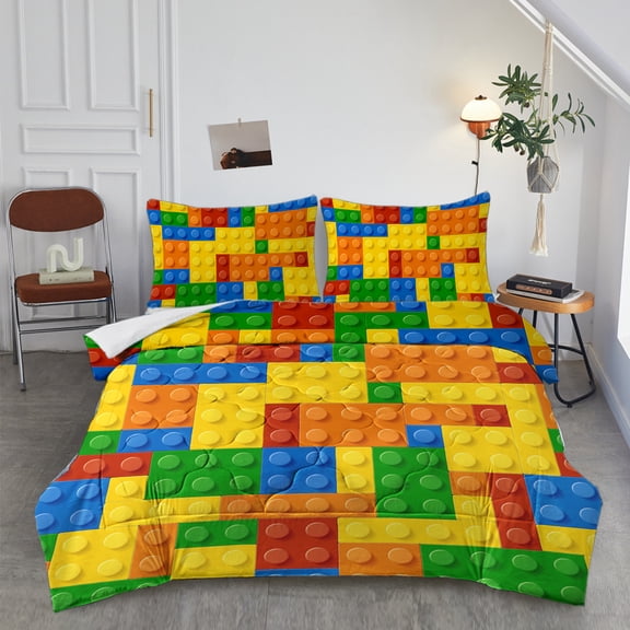 Full Size 3pcs Funny Dot Building Blocks Comforter Set Christmas Gift Colorful Bricks Thin Summer Bedding Duvet Quilt with 2 Pillow Shams