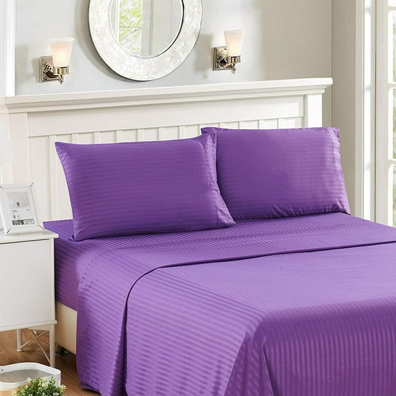 Full Size 4-Piece Sheet Set, 500 Thread Count 100% Egyptian Cotton, Breathable & Cooling Sheets, 23-30 Inch Deep Pocket, Full Size (Stripe, Purple)