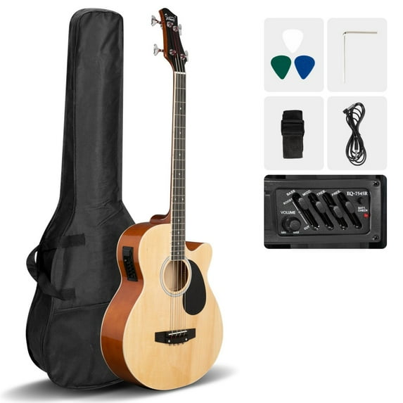 Full Size 4-String Electric Bass Guitar w/ 4-Band Equalizer (EQ-7545R), GMB101 Acoustic Bass Guitar with Carry Bag, Shoulder Strap, Cable and Accessories Pack, 44.55 inch, Burlywood Color