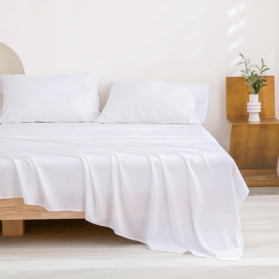 Full Size 4PCS Sheet Set with Elastic Corner Straps, 100% Bamboo Rayon Fitted Sheet, Easy & Secure Fit, Super Soft Breathable Luxury Cooling Fitted Sheet - 18 Inch Pocket (White)