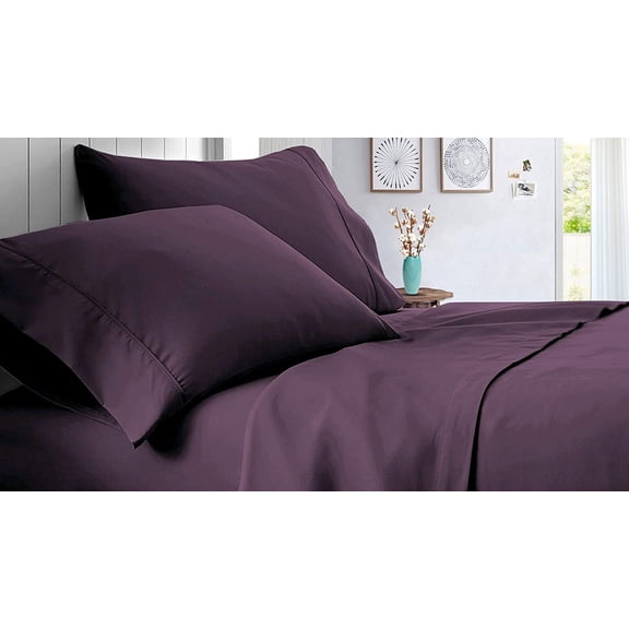 Full Size 4Pcs Sheet Set - Plum Solid Sateen Weave for Soft & Silky 100% Egyptian Cotton 800 Thread Count 18" Inch Deep Pocket Bed Sheets