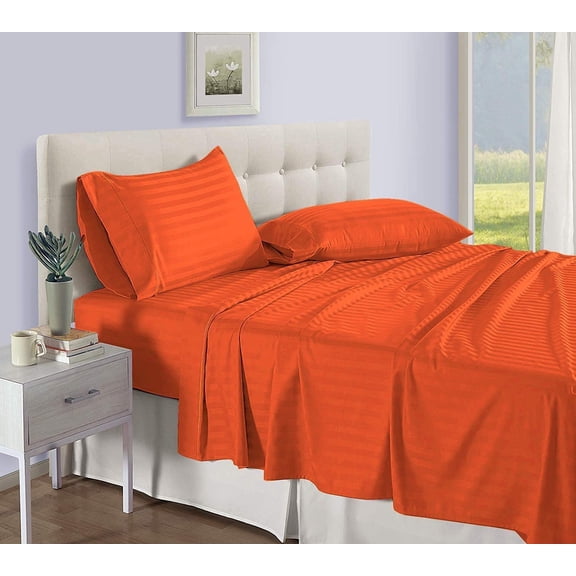Full Size 500-Thread-Count 4-PCs Bed Sheet Set, Luxury Egyptian Cotton Sheet Set – Soft, Durable & Breathable Bedding, Fits Mattress Upto 10-12" Deep Pocket, Stripe Orange