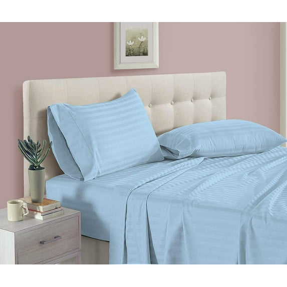 Full Size 6-PCs Sheet Set, 500 Thread Count 100% Egyptian Cotton, (Stripe Pattern) Egyptian Cotton Fits 9-12 Inch Deep Pocket Sheets, Full Size (Stripe, Light Blue)
