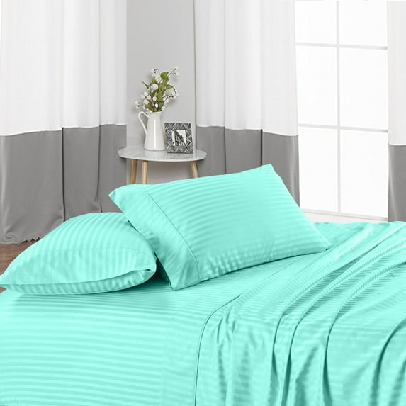 Full Size 600 Thread Count Luxury Extrasoft 100% Egyptian Cotton 4 Piece Sheets Set in Hotel Quality Aqua Blue Stripe