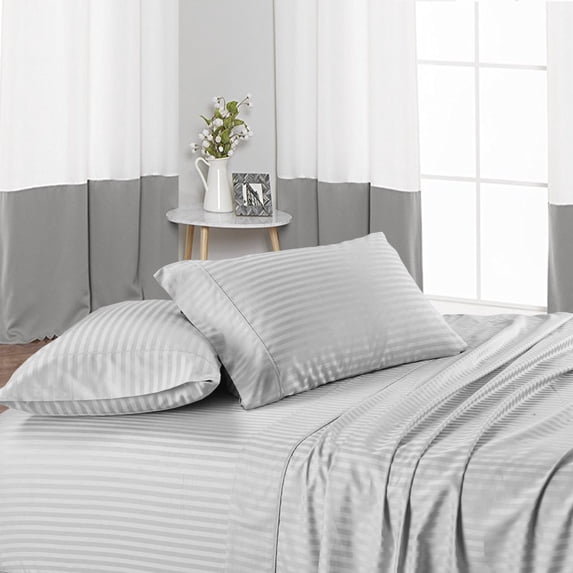 Full Size 600 Thread Count Luxury Extrasoft 100% Egyptian Cotton 4 Piece Sheets Set in Hotel Quality Light Grey Stripe