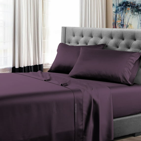Full Size 600 Thread Count Luxury Extrasoft 100% Egyptian Cotton 4 Piece Sheets Set in Hotel Quality Plum Solid