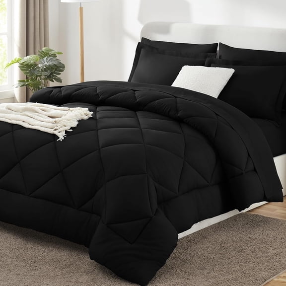 Full Size 7 Piece Black Comforter Set with Down Alternative Comforter Sheets Pillowcases and Shams
