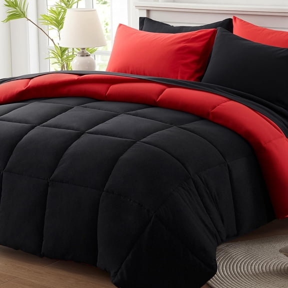 Full Size 7-Piece Comforter Set in Black and Red Grid, Reversible, 270 GSM Down Alternative Filling