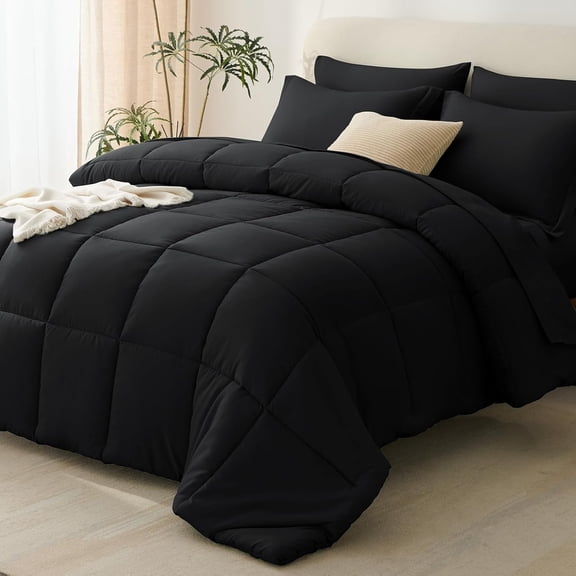 Full Size 7 Piece Comforter Set in Black with OEKO-TEX Certified Microfiber Down Alternative Comforter Sheets Pillowcases and Shams