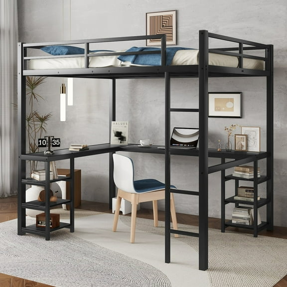 Full Size Adjustable Bed Base, Full Metal Loft Bed with Desk and Shelves, Loft Bed with Ladder and Guardrails, Loft Bed Frame for Bedroom, Black with Black Desk, Black Bed Frames,Platform Bed Frames