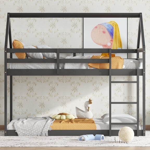Full Size Adjustable Bed Base, Twin over Twin Rubber Wood Floor Bunk Bed, with ladder,Guardrails,House-Shaped-Bunk Bed, Black, Black Bed Frames,Rubber Wood Platform Bed Frames