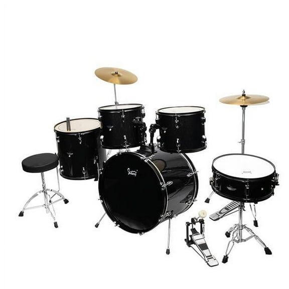 Full Size Adult Drum Set 5-Piece Black with Bass Drum, two Tom Drum, Snare Drum, Floor Tom, 16" Ride Cymbal, 14" Hi-hat Cymbals, Stool, Drum Pedal, Sticks