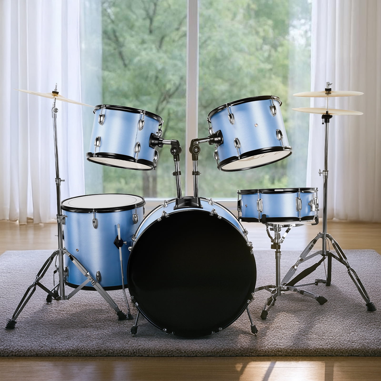 Full Size Adult Drum Set, 5-Piece Blue with Bass Drum, Two Tom Drum, Snare Drum, Floor Tom, 16" Ride Cymbal, 14" Hi-hat Cymbals, Stool, Drum Pedal, Sticks