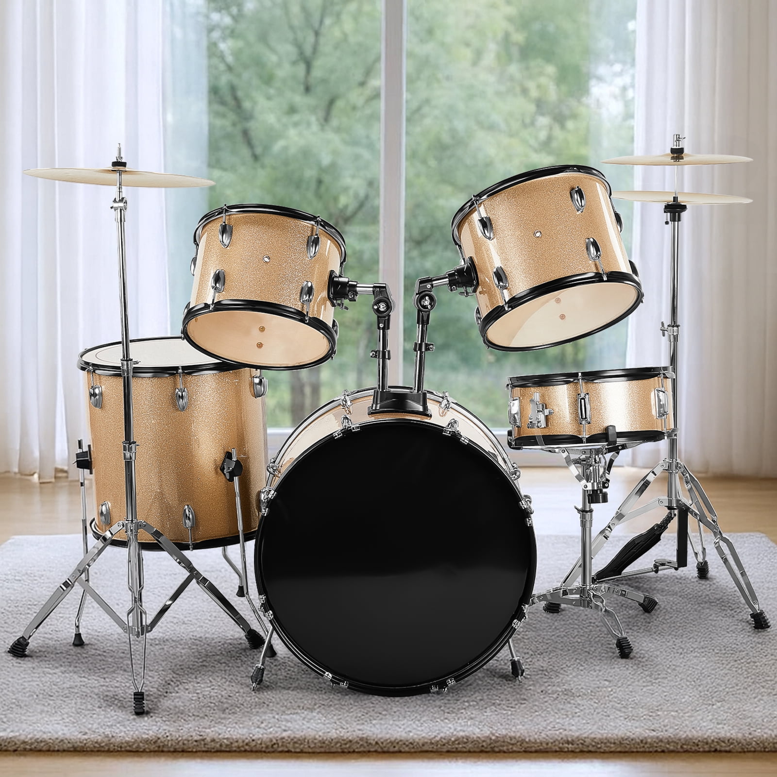 Full Size Adult Drum Set 5-Piece Champagne with Bass Drum, two Tom Drum, Snare Drum, Floor Tom, 16" Ride Cymbal, 14" Hi-hat Cymbals, Stool, Drum Pedal, Sticks