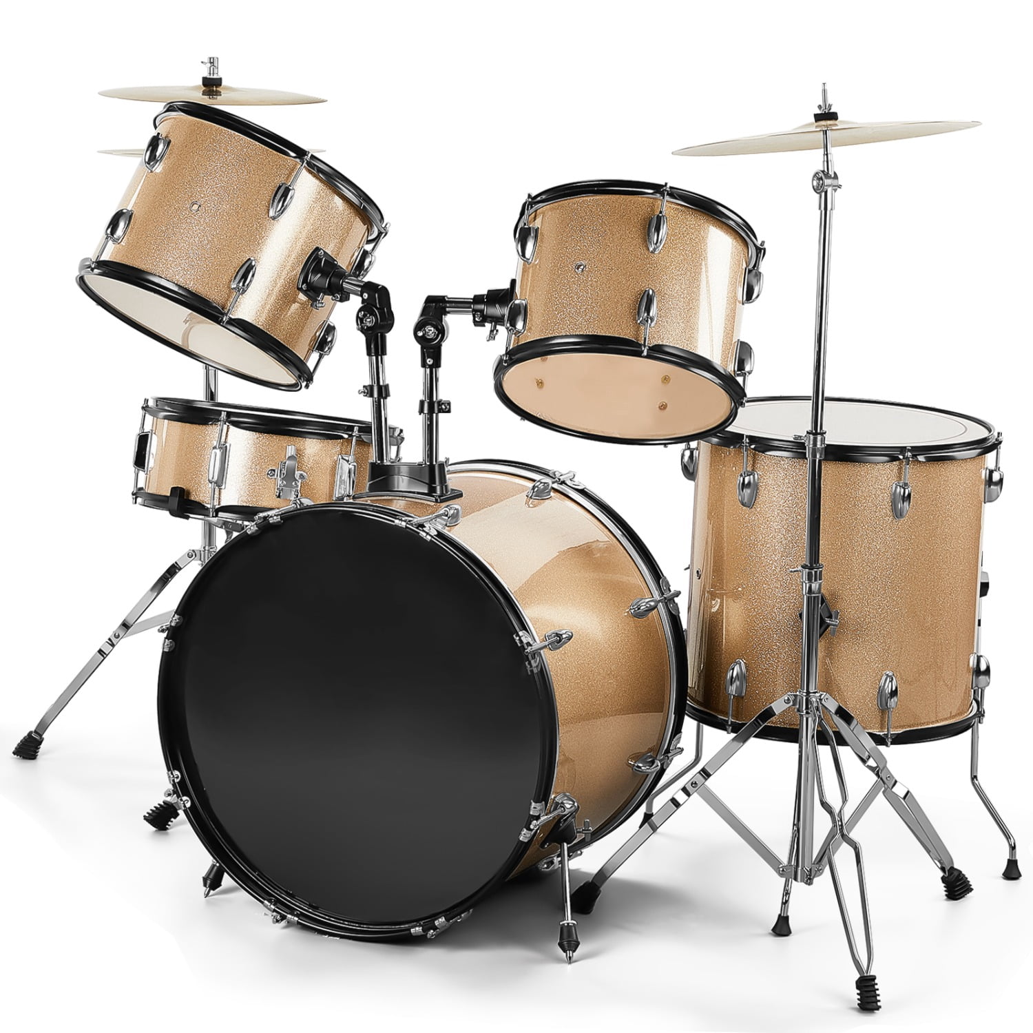 Full Size Adult Drum Set 5-Piece Champagne with Bass Drum, two Tom Drum, Snare Drum, Floor Tom, 16" Ride Cymbal, 14" Hi-hat Cymbals, Stool, Drum Pedal, Sticks