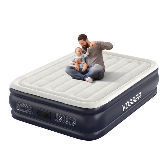 Full Size Air Mattress with Built-in Pump, 18" Upgraded Vertical Beam Inflatable Bed with Flocked Top for Home Camping