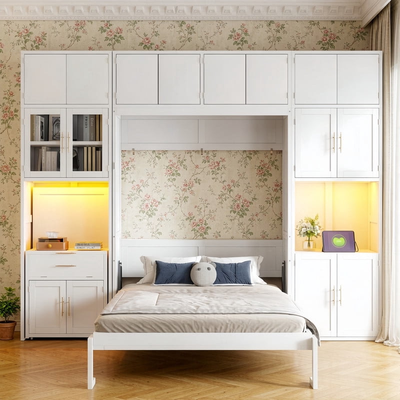 Full Size All-in-One Murphy Bed with Hidden Desk & Storage Cabinets, Foldable Platform Bed Frame with Power Outlet & LED Light