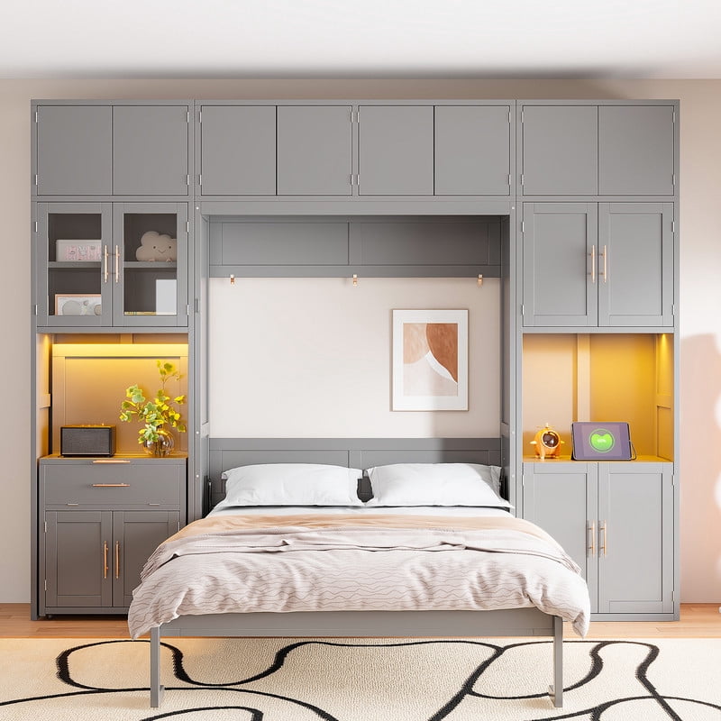 Full Size All-in-One Murphy Bed with Hidden Desk & Storage Cabinets, Foldable Platform Bed Frame with Power Outlet & LED Light
