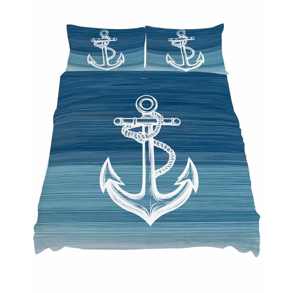 Full Size Anchor Sheet Sets Blue Gradient Lines Ocean Nautical Soft Breathable Microfiber Bed Sheets Deep Pockets 4 Piece Bed Sheets Set, 1 Fitted Sheet, 1 Flat Sheet & 2 Pillowcases