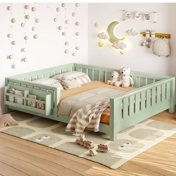 Full Size Avocado Green Bed with Built-in Bookshelf & Safety Guardrail