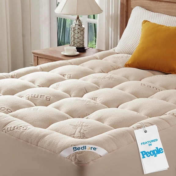 Full Size Mattress Topper Viscose from Bamboo with Stretchable Pockets for 6 to 15 Inch Mattresses Beige