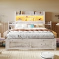 thumbnail image 1 of VanAcc Full Size Bed with 49.6" Bookcase Headboard, Dual Side Storage Racks, 4 Drawers, RGB LED Lighting, Charging Station, Distressed White, 1 of 9