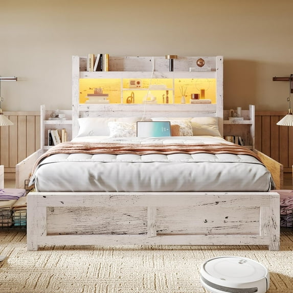 VanAcc Full Size Bed with 49.6" Bookcase Headboard, Dual Side Storage Racks, 4 Drawers, RGB LED Lighting, Charging Station, Distressed White