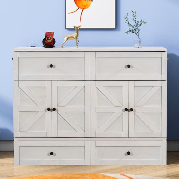 Full Size Bed In Brushed White With Generous Storage & Ports. Optimize Your Space. 450lbs Stable Weight Capacity. Chic Striped Front. Handy Area. Easy Charging Access. Mattress Not Included.