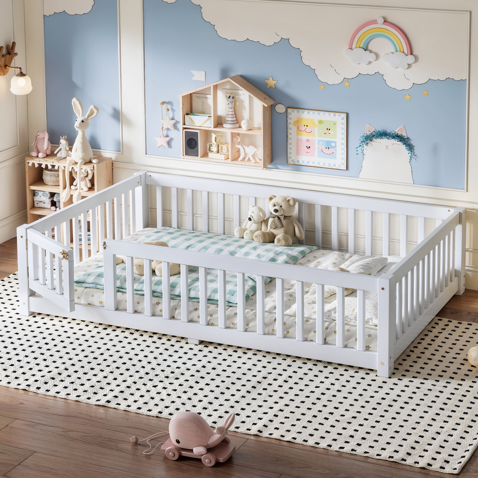 Full Size Bed Floor Bed with Safety Guardrails and Door for Kids, White