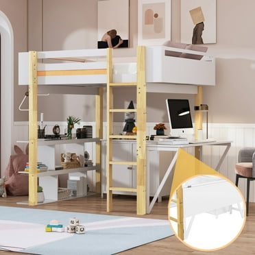 Full Size Bed with Foldable Desk, Loft Bed with Ladder and Guardrail, Pinewood Bed Frame with Storage Shelves and Cabinet  for Kids, Teens, Adults, No Box Spring Needed, White
