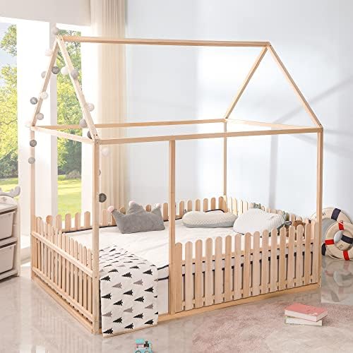Full Size Bed For Kids, Wood Full House Bed With Fence And Roof
