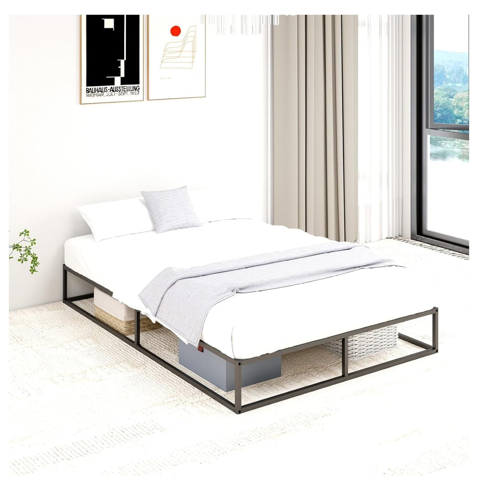 Full Size Bed Frame, 10" Metal Platform with Wooden Slats, Easy