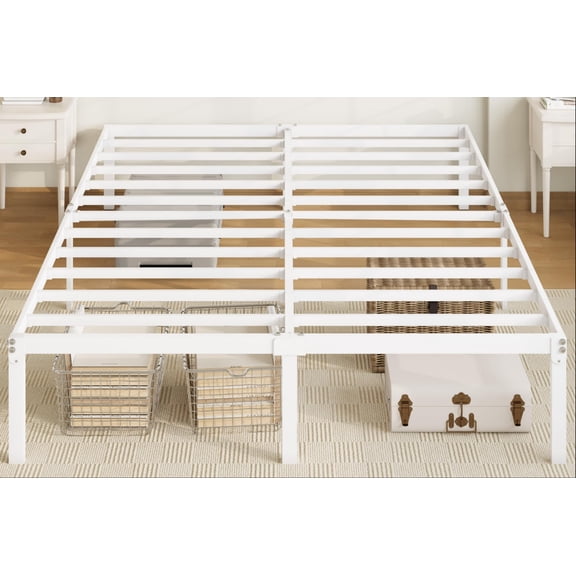 Full Size Bed Frame, 14 inch Metal Platform Beds with Storage Space, No Box Spring Needed and Easy Assembly, White