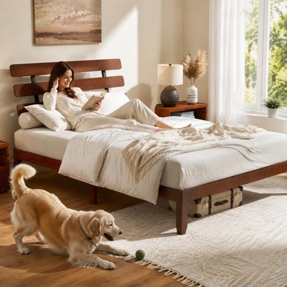 Full Size Bed Frame, 15.5-Inch Solid Wood Platform Bed with Retro Headboard, 12 Plywood Slats and Under-Bed Storage