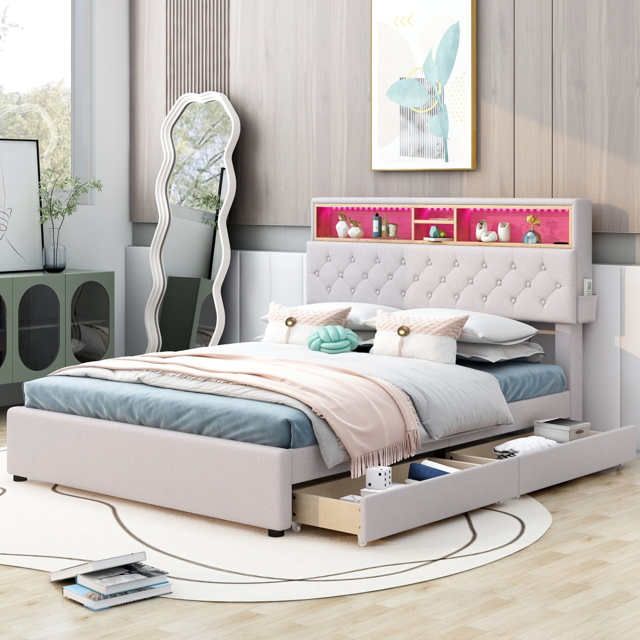 Full Size Bed Frame with 2 Storage Drawers, Charging Station and 15 ...