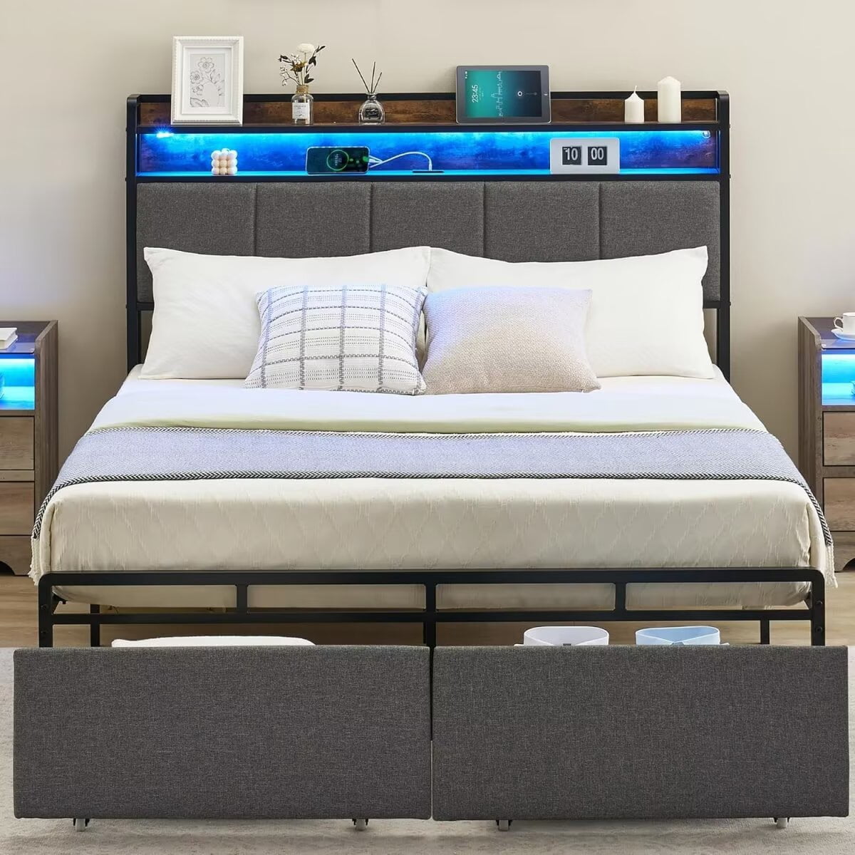 Full Size Bed Frame with 2 Storage Drawers & Charging Station ...