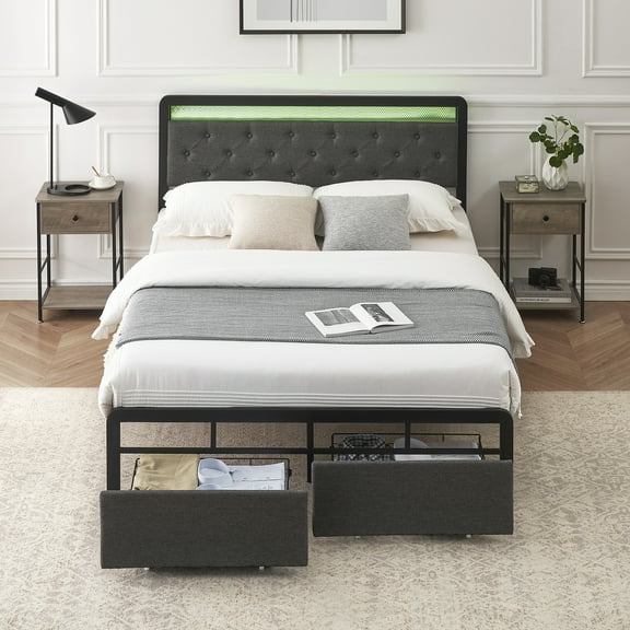 Full Size Bed Frame with 2 Storage Drawers, LED Lights Full Platform Upholstered Bed Frame with Headboard, Mattresswith Steel Slats Support, No Box Spring Needed