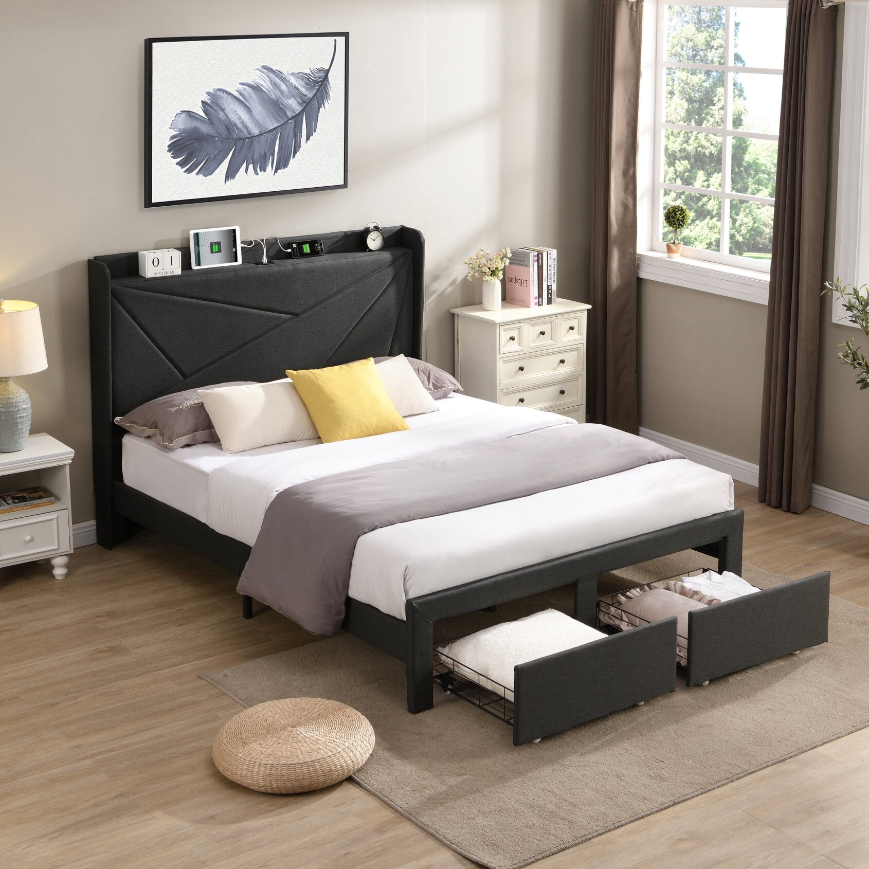 Full Size Bed Frame with 2 Storage Drawers and USB Charging Station ...