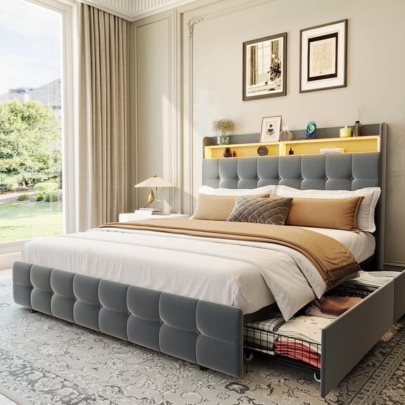 Full Size Bed Frame with 2 Storage Drawers, Upholstered Bed Frame Full with LED Light, Double-Layer Bedside Headboard with Charging Socket and USB Port, Soft Plush Fabric, Grey