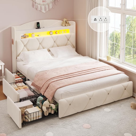 Full Size Bed Frame with 3 Large Storage Drawers, Full Upholstered LED Bed with Storage Headboard and Power Outlets, Tufted Velvet Upholstered Princess Platform Bed, Beige