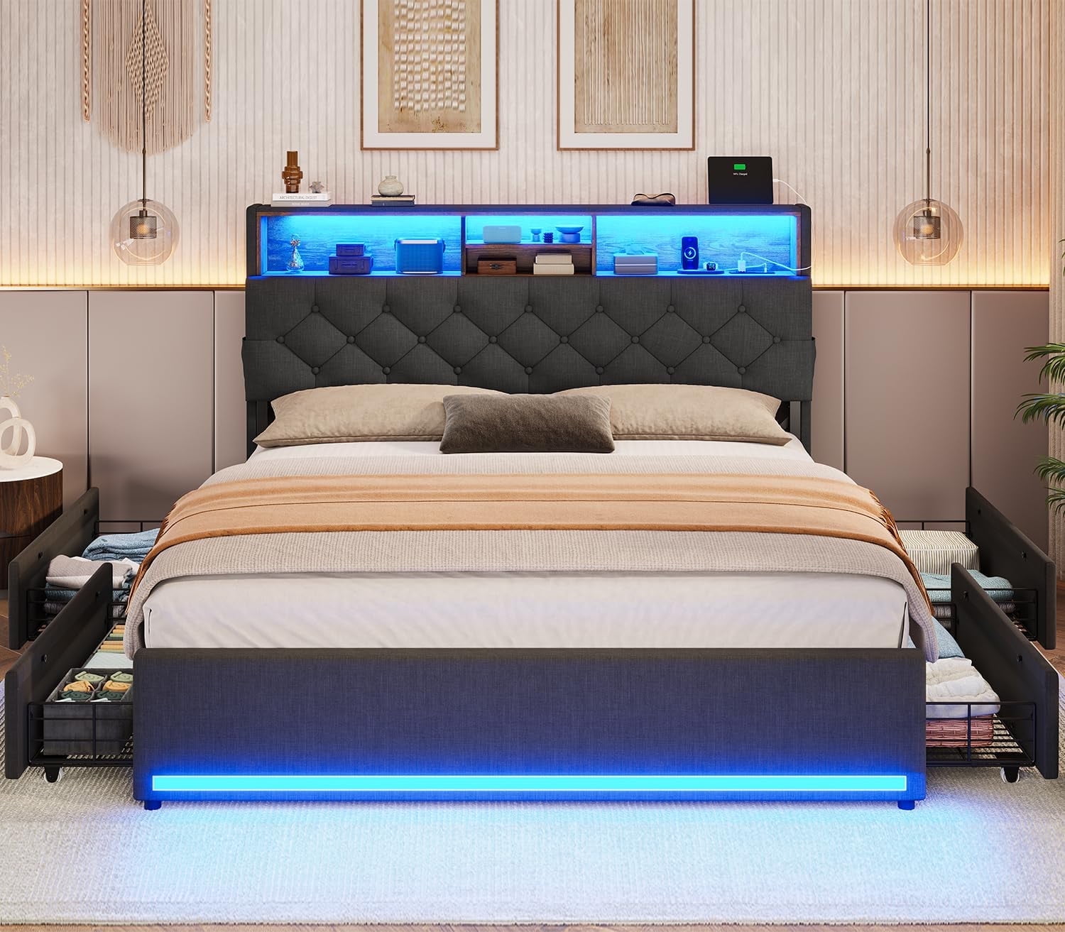 Full Size Bed Frame with 4 Drawers & Charging Station, Upholstered Storage Headboard,Metal Platform Bed Frame Full with Light, No Box Spring Needed, Dark Grey