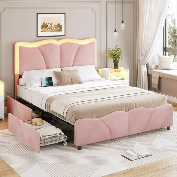 Full Size Bed Frame with 4 Drawers, Upholstered LED Bed Frame with Adjustable Flowers Headboard, Platform Bed Frame Full Size with Wooden Slats Support, No Box Spring Needed, Pink