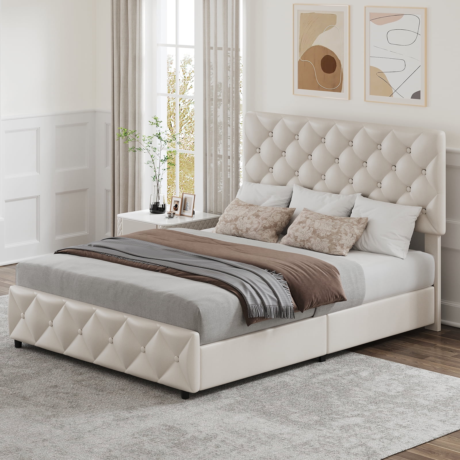 Full Size Bed Frame with 4 Storage Drawers & Adjustable Headboard, Faux ...
