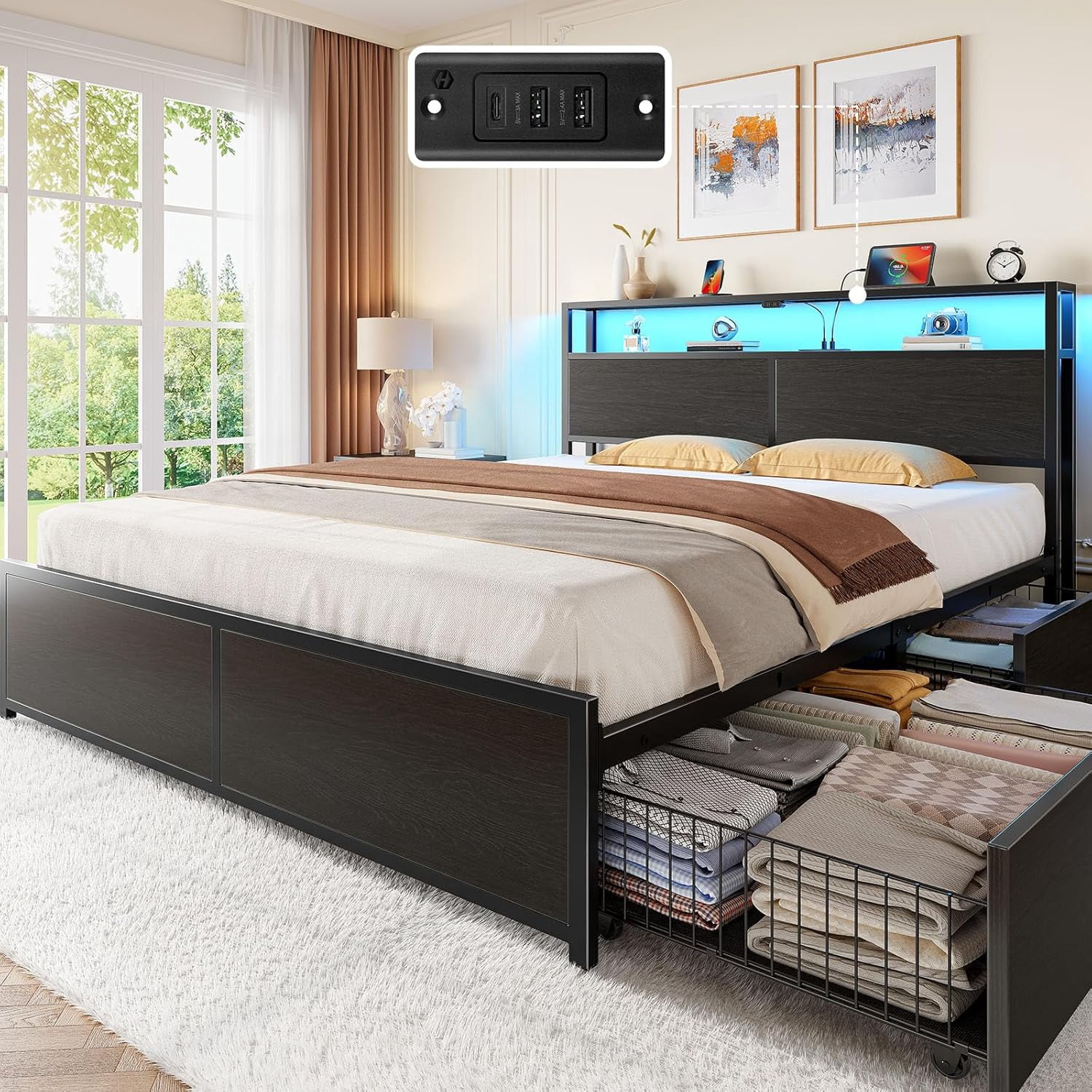 Full Size Bed Frame with 4 Storage Drawers, Charging Station and LED ...