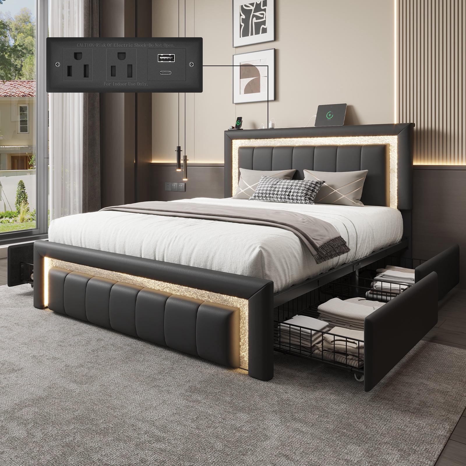 Full Size Bed Frame with 4 Storage Drawers, Charging Station & LED ...