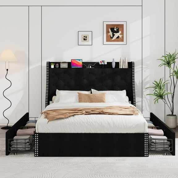 Full Size Bed Frame with 4 Storage Drawers & Charging Station,Upholstered Platform Bed with Wingback Storage Headboard,Wooden Slats Support, No Box Spring Needed, Easy Assembly