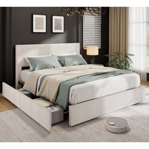 Full Size Bed Frame with 4 Storage Drawers - Corduroy Upholstered Platform Bed, Tufted Wingback Headboard, Wood Slat Support, No Box Spring Needed, Beige
