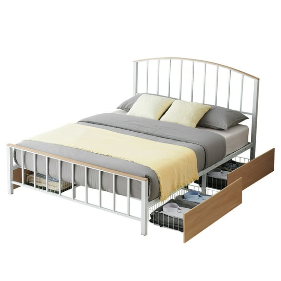 Full Size Bed Frame with 4 Storage Drawers, Full Bed Frame with Headboard, Metal Platform Bed Frame with Large Storage Space, No Box Spring Needed, Noise Free,White